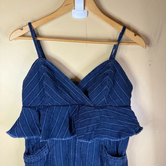 Anthro ett:twa Jumpsuit Womens Blue Denim Size SP Peplum Ruffled Striped Boho - Picture 10 of 13